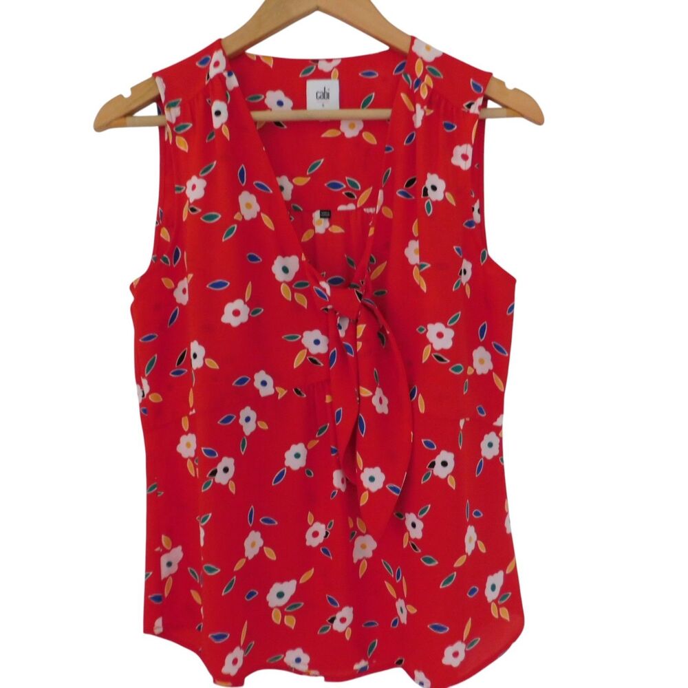 Cabi Womens Tied Up Red Floral Sleeveless Top Blouse #5734 Size Small